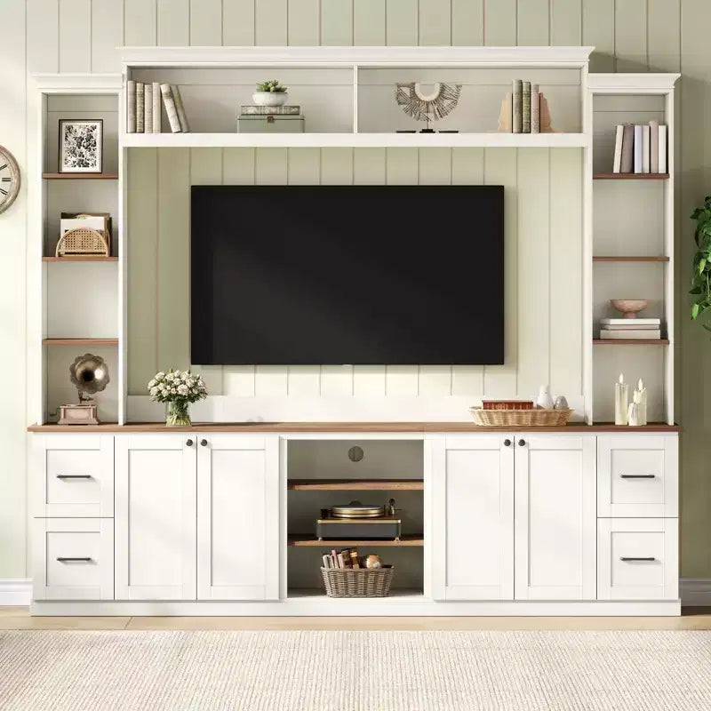 4-in-1 Farmhouse Entertainment Center Wall Unit, Fits TVs Up to 70, TV Stand Media Console w/ Adjustable Shelves & Drawers