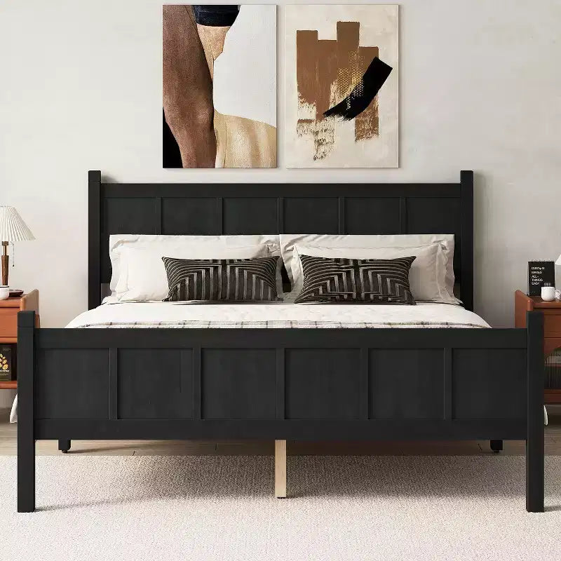 Queen Flat Panel Platform Bed with Headboard and Footboard, Wood Grain Shaker Farmhouse Bed Frame, Black