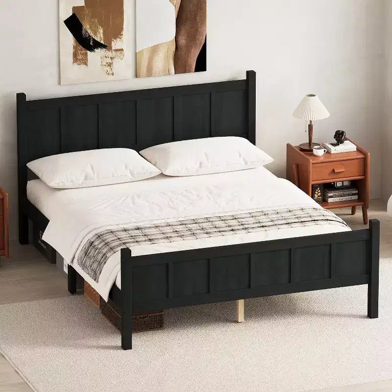 Queen Flat Panel Platform Bed with Headboard and Footboard, Wood Grain Shaker Farmhouse Bed Frame, Black