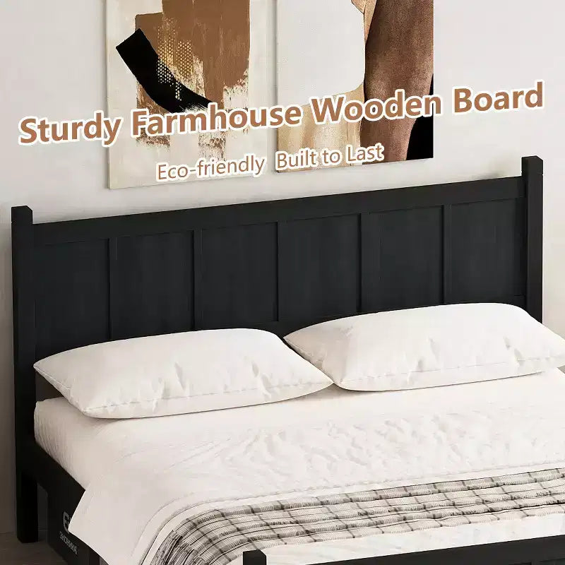 Queen Flat Panel Platform Bed with Headboard and Footboard, Wood Grain Shaker Farmhouse Bed Frame, Black