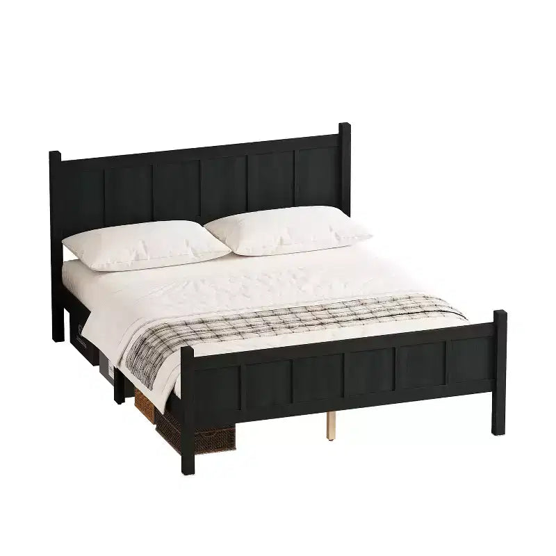 Lit plateforme double avec tête et pied de lit, cadre de lit de ferme Shaker en grain de bois, Noir