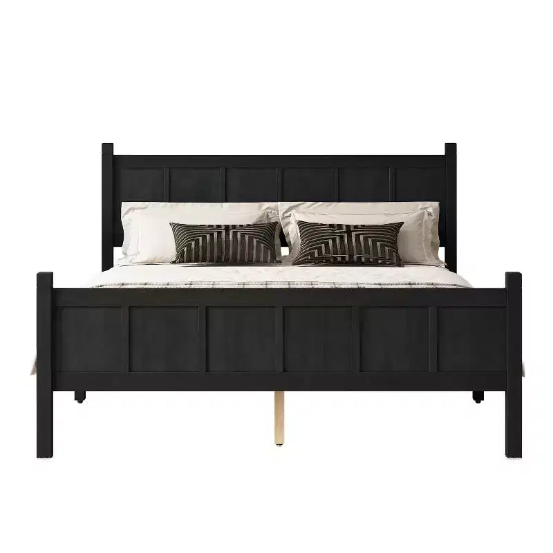 Lit plateforme double avec tête et pied de lit, cadre de lit de ferme Shaker en grain de bois, Noir