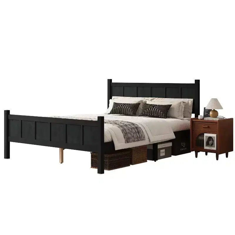 Lit plateforme double avec tête et pied de lit, cadre de lit de ferme Shaker en grain de bois, Noir