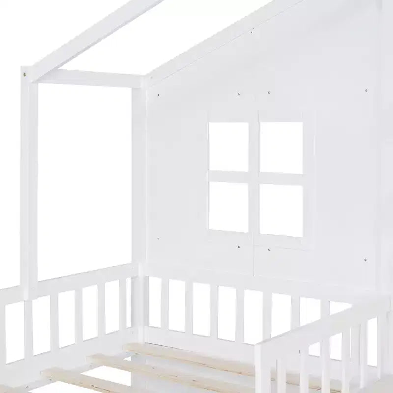 Lit double jumeau avec canapé, 2 tiroirs et étagère de rangement, lit plateforme pour enfants, blanc