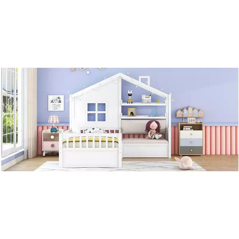 Lit double jumeau avec canapé, 2 tiroirs et étagère de rangement, lit plateforme pour enfants, blanc