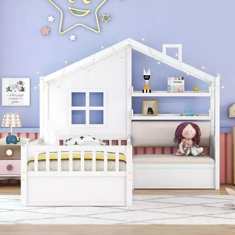 Twin House Bed with Sofa, 2 Drawers and Storage Shelf, Kids Platform Bed, White