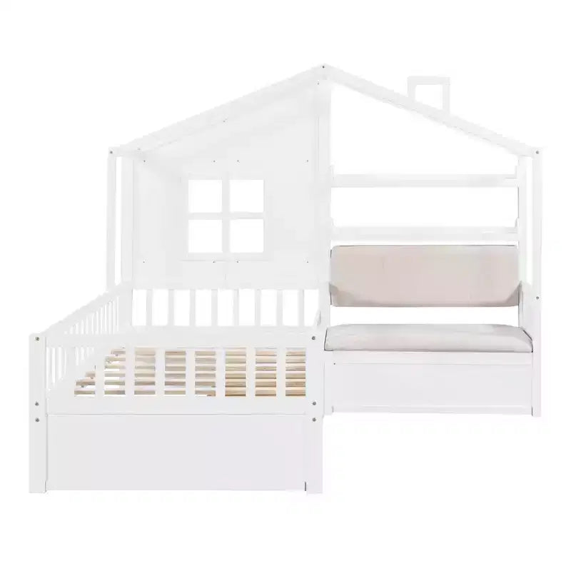 Twin House Bed with Sofa, 2 Drawers and Storage Shelf, Kids Platform Bed, White