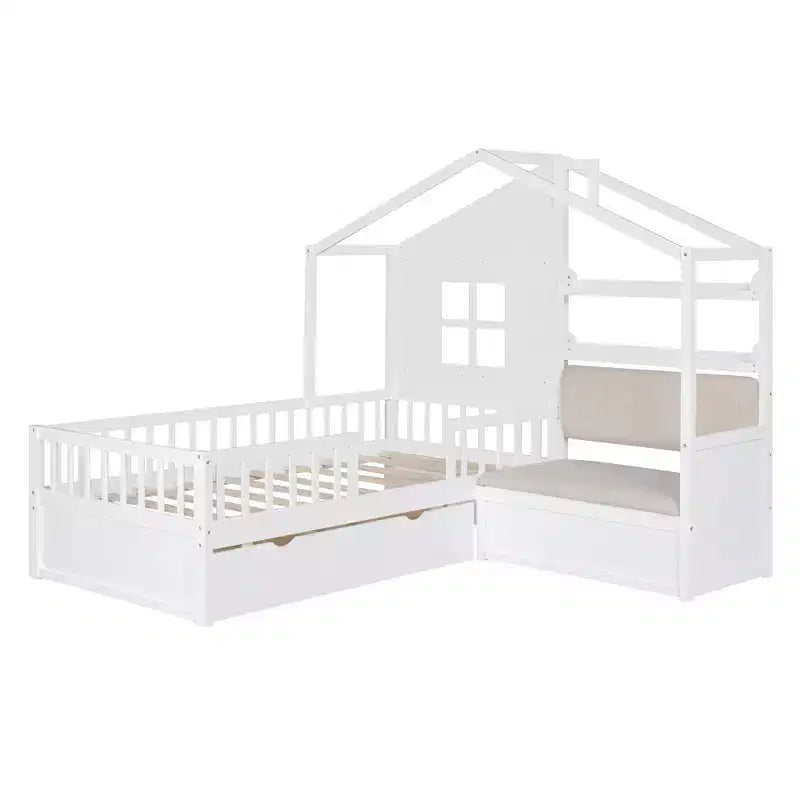 Twin House Bed with Sofa, 2 Drawers and Storage Shelf, Kids Platform Bed, White