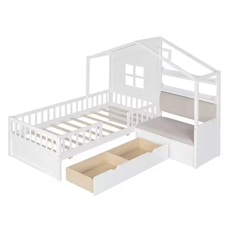 Twin House Bed with Sofa, 2 Drawers and Storage Shelf, Kids Platform Bed, White