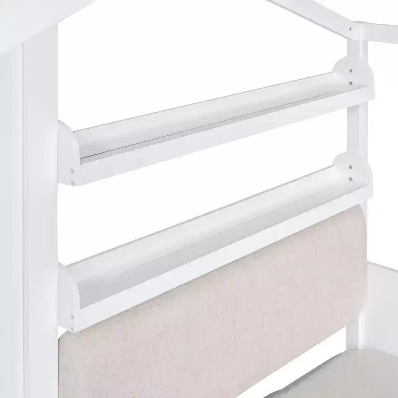 Lit double jumeau avec canapé, 2 tiroirs et étagère de rangement, lit plateforme pour enfants, blanc