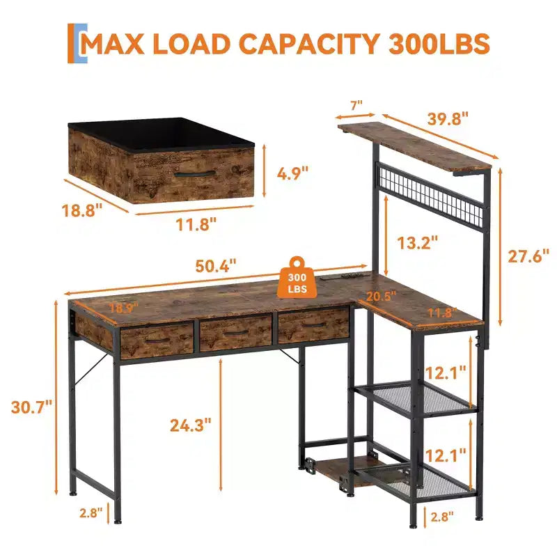 L Shaped Computer Desk with 3 Drawers, Reversible Corner Desk with Bookshelf & 3-Tier Storage for Home Office
