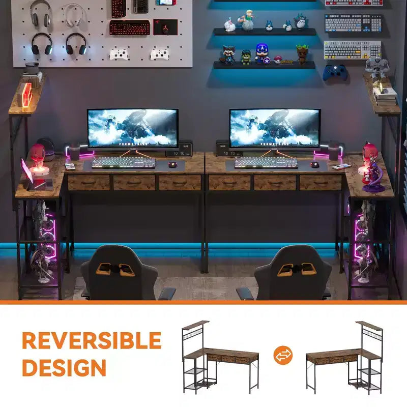 L Shaped Computer Desk with 3 Drawers, Reversible Corner Desk with Bookshelf & 3-Tier Storage for Home Office