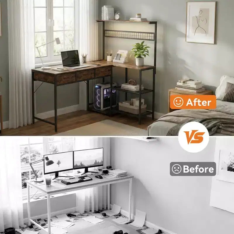 L Shaped Computer Desk with 3 Drawers, Reversible Corner Desk with Bookshelf & 3-Tier Storage for Home Office