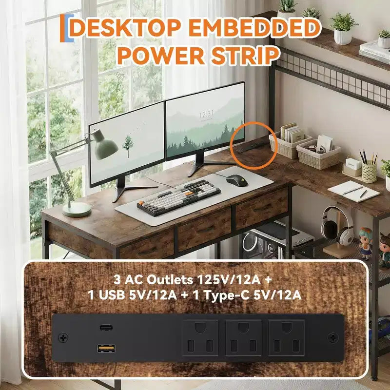 L Shaped Computer Desk with 3 Drawers, Reversible Corner Desk with Bookshelf & 3-Tier Storage for Home Office