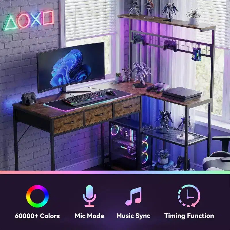 L Shaped Computer Desk with 3 Drawers, Reversible Corner Desk with Bookshelf & 3-Tier Storage for Home Office