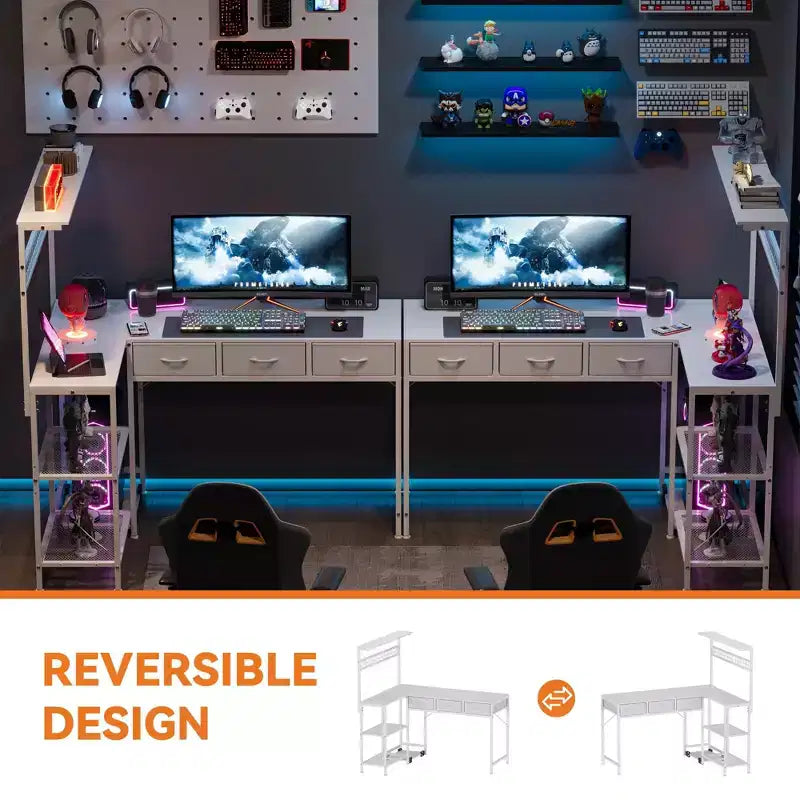 L Shaped Computer Desk with 3 Drawers, Reversible Corner Desk with Bookshelf & 3-Tier Storage for Home Office