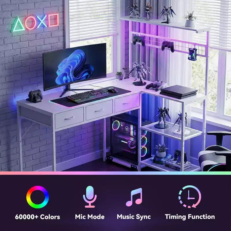 L Shaped Computer Desk with 3 Drawers, Reversible Corner Desk with Bookshelf & 3-Tier Storage for Home Office