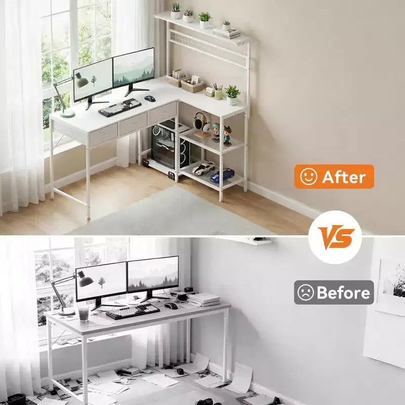L Shaped Computer Desk with 3 Drawers, Reversible Corner Desk with Bookshelf & 3-Tier Storage for Home Office
