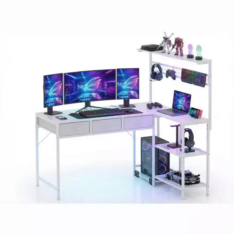 L Shaped Computer Desk with 3 Drawers, Reversible Corner Desk with Bookshelf & 3-Tier Storage for Home Office