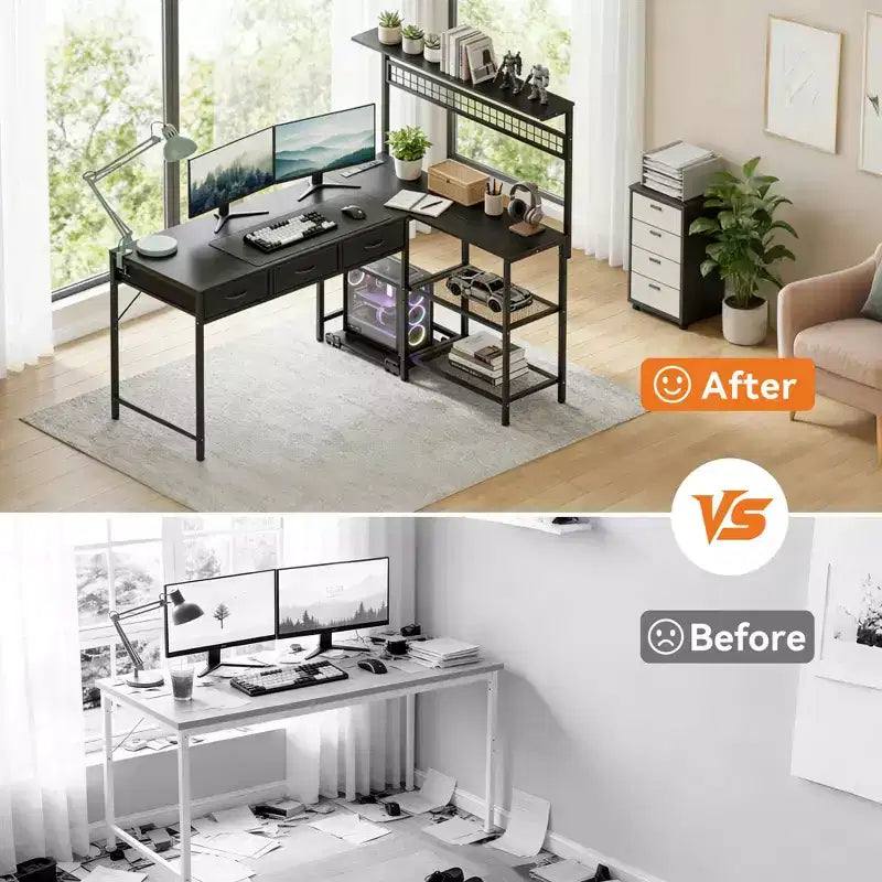 L Shaped Computer Desk with 3 Drawers, Reversible Corner Desk with Bookshelf & 3-Tier Storage for Home Office