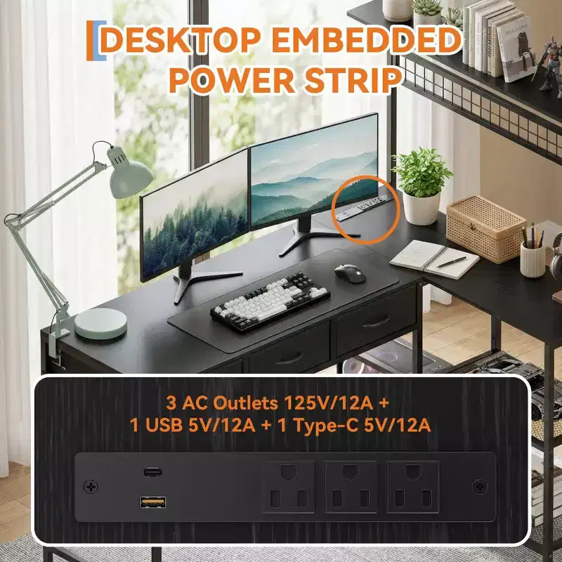 L Shaped Computer Desk with 3 Drawers, Reversible Corner Desk with Bookshelf & 3-Tier Storage for Home Office