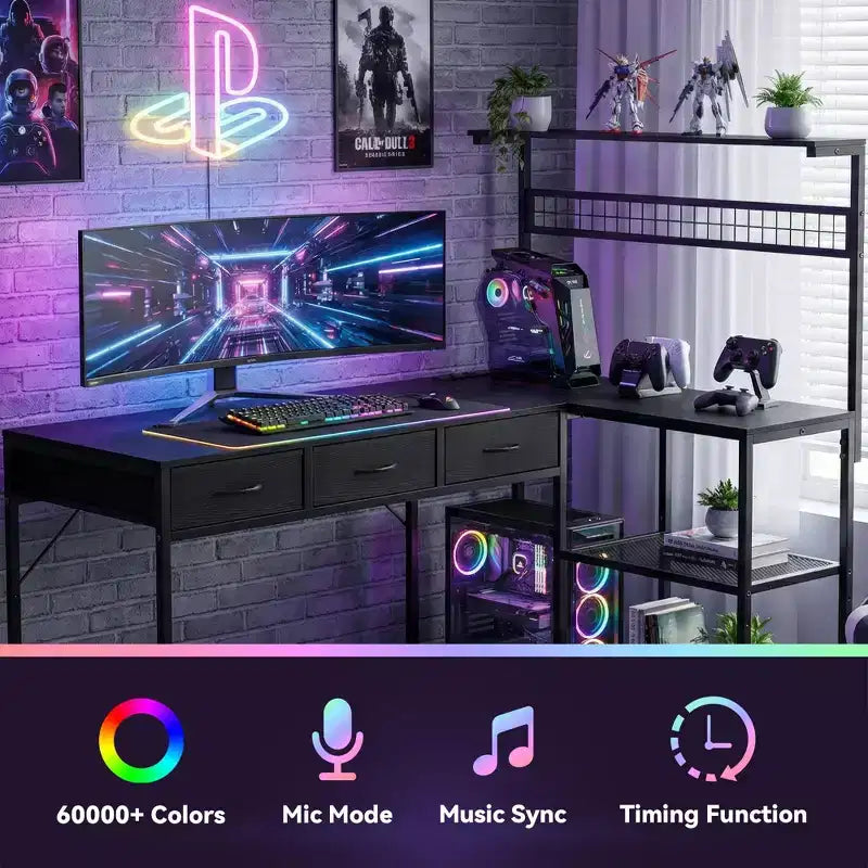 L Shaped Computer Desk with 3 Drawers, Reversible Corner Desk with Bookshelf & 3-Tier Storage for Home Office