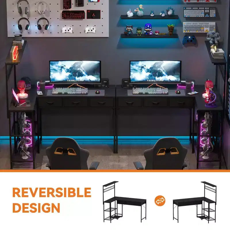 L Shaped Computer Desk with 3 Drawers, Reversible Corner Desk with Bookshelf & 3-Tier Storage for Home Office