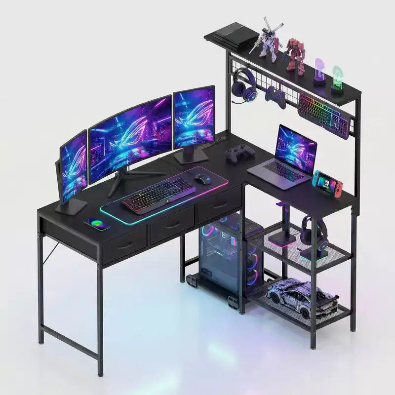 L Shaped Computer Desk with 3 Drawers, Reversible Corner Desk with Bookshelf & 3-Tier Storage for Home Office