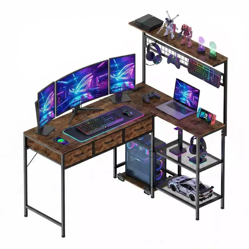 L Shaped Computer Desk with 3 Drawers, Reversible Corner Desk with Bookshelf & 3-Tier Storage for Home Office