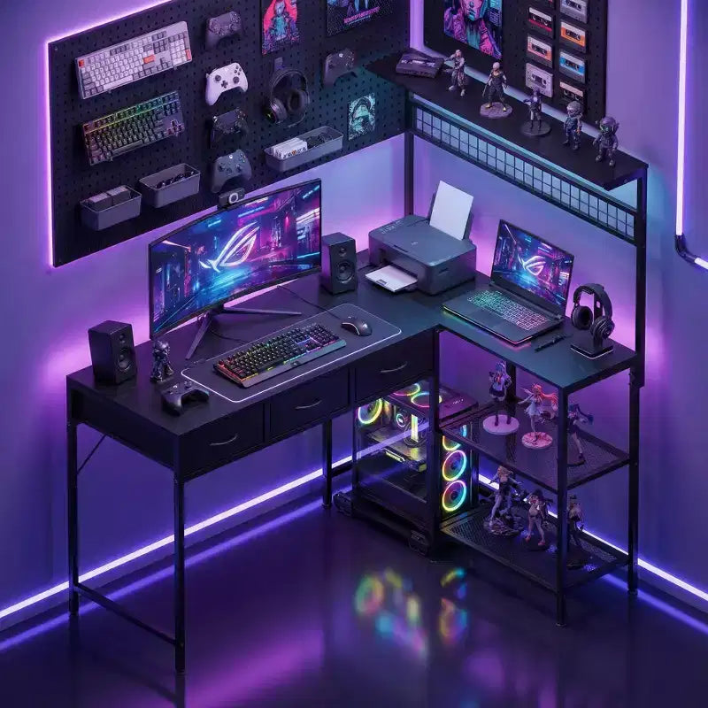 L Shaped Computer Desk with 3 Drawers, Reversible Corner Desk with Bookshelf & 3-Tier Storage for Home Office