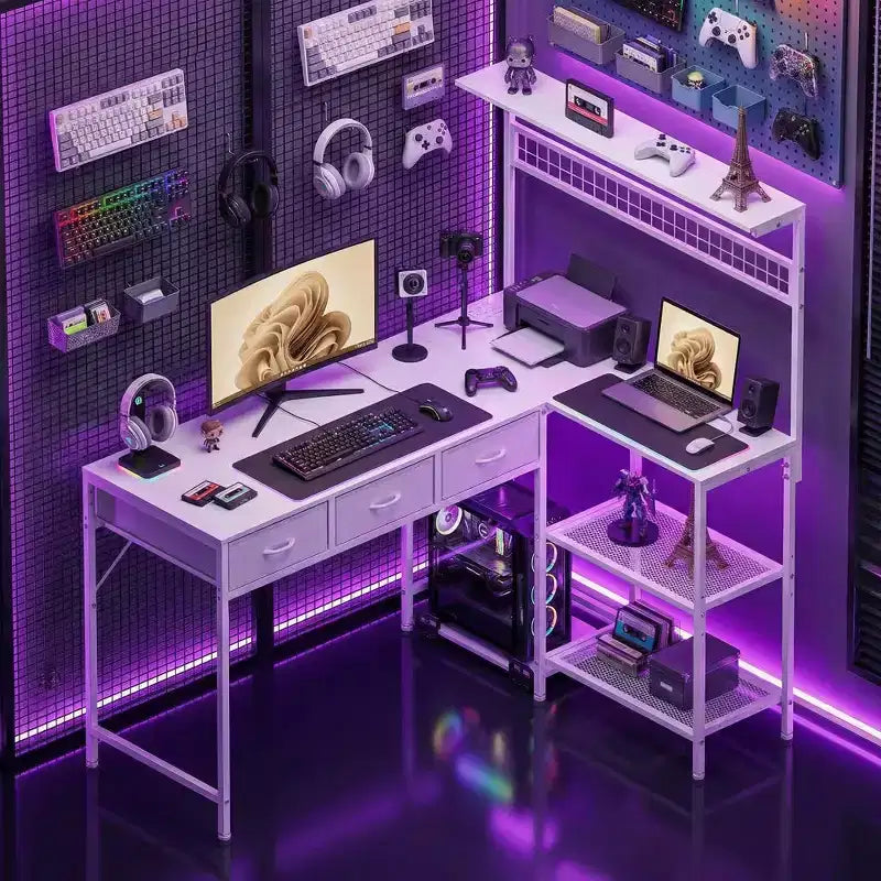 L Shaped Computer Desk with 3 Drawers, Reversible Corner Desk with Bookshelf & 3-Tier Storage for Home Office
